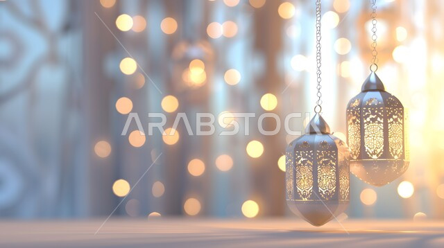الاستعداد لاستقبال شهر الخير، فوانيس عربية تقليدية معدنية مزخرفة مضيئة، الأجواء الروحانية بقدوم شهر رمضان المبارك، الاحتفال بالأعياد والمناسبات الدينية، خلفية رمضانية ثلاثية الأبعاد ، ديكورات وتحف وأنوار اسلامية