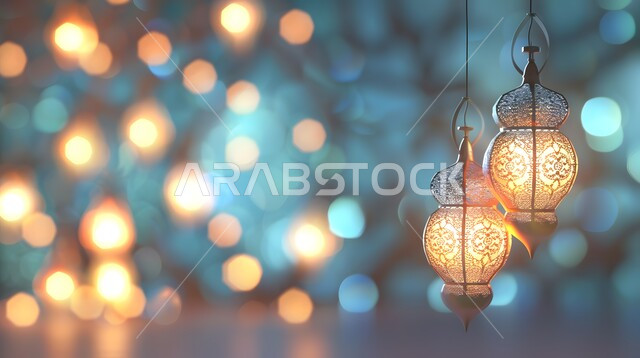 ديكورات وتحف وأنوار اسلامية، الاستعداد لاستقبال شهر الخير، فوانيس عربية تقليدية معدنية مزخرفة مضيئة، الأجواء الروحانية بقدوم شهر رمضان المبارك، الاحتفال بالأعياد والمناسبات الدينية، خلفية رمضانية ثلاثية الأبعاد 