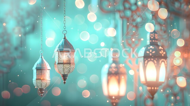 Traditional Arabic metal decorative lanterns, illuminated, the spiritual atmosphere of the advent of the holy month of Ramadan, celebration of holidays and religious occasions, a three-dimensional Ramadan background, Islamic decorations, antiques, and lights, preparing to welcome the month of goodness.