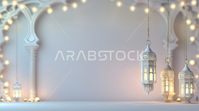 الاستعداد لاستقبال شهر الخير، فوانيس عربية تقليدية معدنية مزخرفة مضيئة، الأجواء الروحانية بقدوم شهر رمضان المبارك، الاحتفال بالأعياد والمناسبات الدينية، خلفية رمضانية ثلاثية الأبعاد ، ديكورات وتحف وأنوار اسلامية