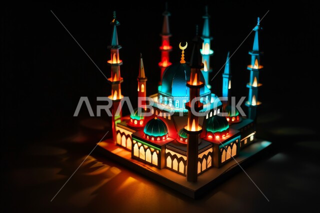 رسوم توضيحية ثلاثية الأبعاد لمسجد مضيء ليلا، اداء الصلوات والفرائض، الفن الهندسي المعماري على الطراز الحديث، اماكن ومعالم دينية مقدسة, الاجتهاد في العبادة والتقرب إلى الله، مجسمات للمساجد والقبب المضاءة، خلفية سوداء