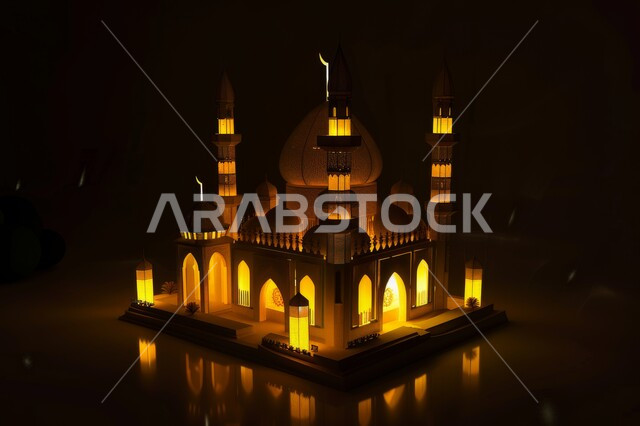 Performing prayers and obligations, three-dimensional illustrations of a illuminated mosque at night, modern architectural art, sacred religious places and landmarks, diligence in worship and getting closer to God, models of illuminated mosques and domes, black background