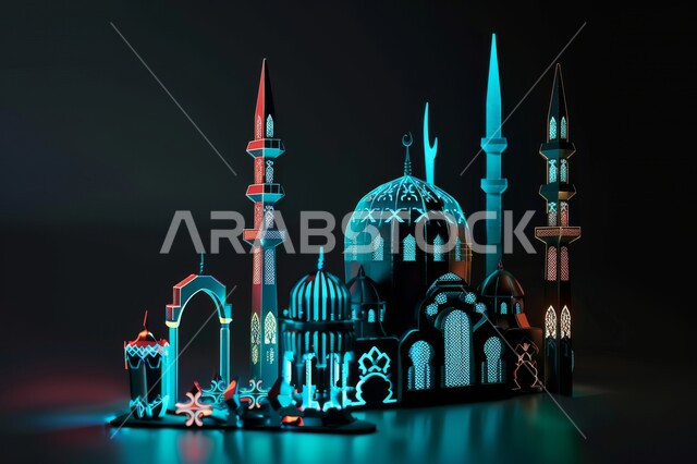 رسوم توضيحية ثلاثية الأبعاد لمسجد مضيء ليلا، اداء الصلوات والفرائض، الفن الهندسي المعماري على الطراز الحديث، اماكن ومعالم دينية مقدسة, الاجتهاد في العبادة والتقرب إلى الله، مجسمات للمساجد والقبب المضاءة، خلفية سوداء