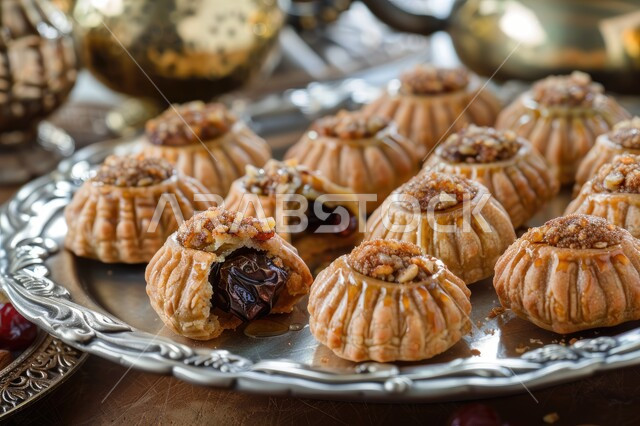 الاستعداد لاستقبال الأعياد والمناسبات الإسلامية السعيدة، أقراص المعمول بالتمر المزينة بالفستق، حلى سعودي بالمكسرات، طريقة إعداد وتحضير الحلويات الشهية، قطع حلوى العيد الشهية، كرم الضيافة وحسن الاستقبال في السعودية