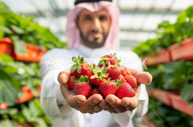 فواكه صيفيه منعشة وطازجة، الاهتمام في زراعة النباتات الخضراء في المحميات الطبيعيه، صورة مقربة لرجل عربي خليجي سعودي يرتدي الشماغ والثوب التقليدي يحمل بيده الفراولة الناضجة في إحدى الاراضي الزراعيه في المملكة العربيه السعودية، ثمار ومحاصيل وطنية محليه