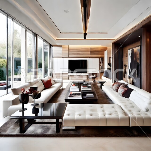  التصاميم والديكورات الداخلية لغرفة معيشة بأثاث منزلي راقي، اختيار الألوان المناسبة والتنسيق بين الأثاث والإكسسوارات، استخدام المفروشات ذو التصاميم العصرية، تصميم داخلي حديث لشقة سكنية