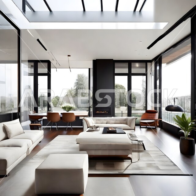 تصميم داخلي حديث لشقة سكنية، التصاميم والديكورات الداخلية لغرفة معيشة بأثاث منزلي راقي، اختيار الألوان المناسبة والتنسيق بين الأثاث والإكسسوارات، استخدام المفروشات ذو التصاميم العصرية