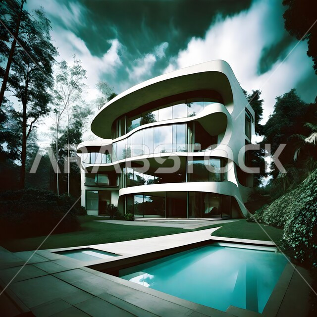  الفنون الهندسية المعمارية على الطراز الحديث والانيق، الاهتمام في زراعه الاشجار والنباتات الخضراء في حديقة مجمع سكني فاخر، تصاميم عصرية مميزة للمجمع الخارجي، شقق و فلل سكنية فاخرة في السعودية مع حوض سباحة