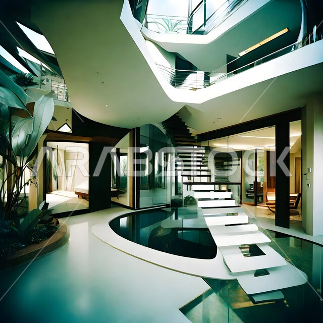 Interior designs for modern and modern companies, interior design for stairs in one of the apartments and villas, architectural engineering art and high-end decoration for facilities in Saudi Arabia