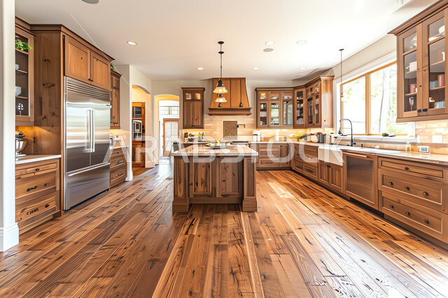 Kitchen with modern, luxurious wooden interiors, distinguished modern architecture, residential apartments and villas in Saudi Arabia, using the sophisticated artistic style in home furniture.