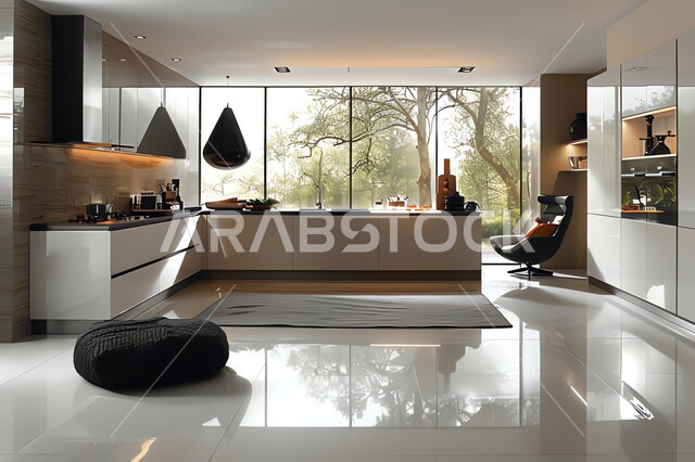 مطبخ بديكورات داخلية عصرية فاخرة باللون الأسود والأبيض، فنون الهندسة المعمارية المتميزة الحديثة، شقق وفلل سكنية في السعودية، استخدام الطراز الفني الراقي في الأثاث المنزلي