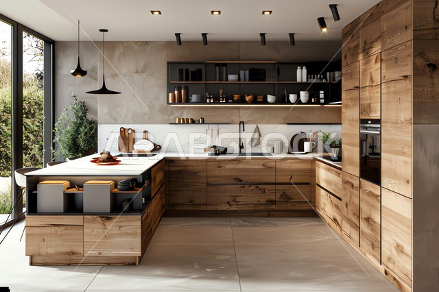 A glass facade overlooking the green nature inside a kitchen with luxurious modern wooden interiors, distinguished modern architectural arts, residential apartments and villas in Saudi Arabia, the use of the sophisticated artistic style in home furniture