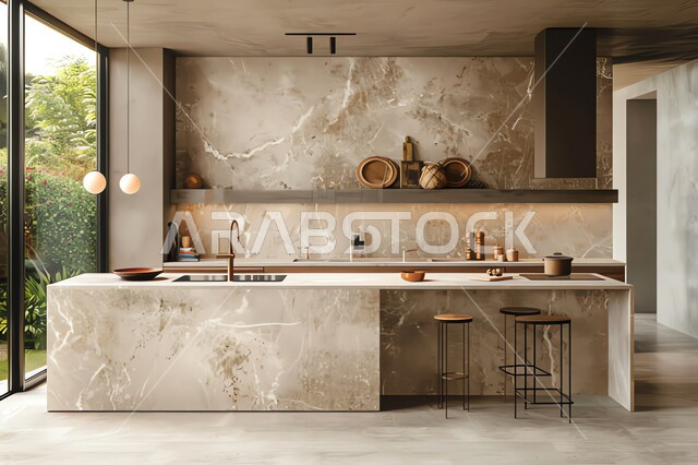 استخدام الرخام الراقي في ديزاين المطابخ، التصاميم الداخلية على الطراز الفني الراقي في الأثاث المنزلي، مطبخ بديكورات عصرية فاخرة، فنون الهندسة المعمارية المتميزة الحديثة، شقق وفلل سكنية في السعودية