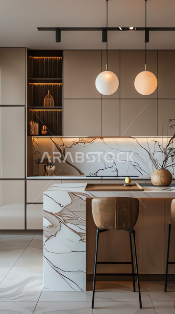 التصاميم الداخلية على الطراز الفني الراقي في الأثاث المنزلي، مطبخ بديكورات عصرية فاخرة، فنون الهندسة المعمارية المتميزة الحديثة، شقق وفلل سكنية في السعودية، استخدام الرخام الراقي في ديزاين المطابخ