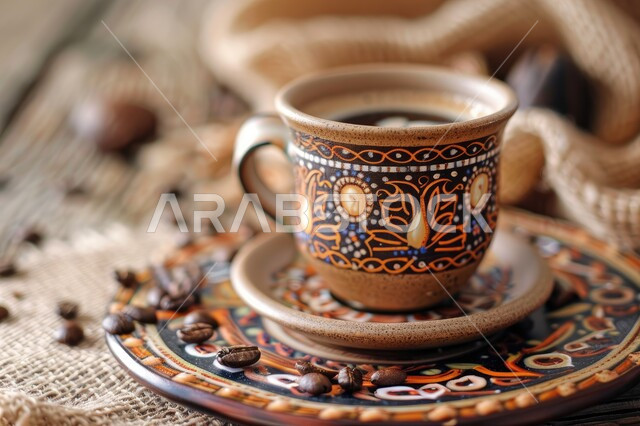 العادات والتقاليد الأصيلة، صورة مقربة لفنجان القهوة على طاولة خشبية مع حبوب البن المتناثرة، الاستمتاع في تناول المشروبات الساخنة اللذيذة، مفهوم كرم الضيافة وحسن الاستقبال، منتجات وطنية محلية
