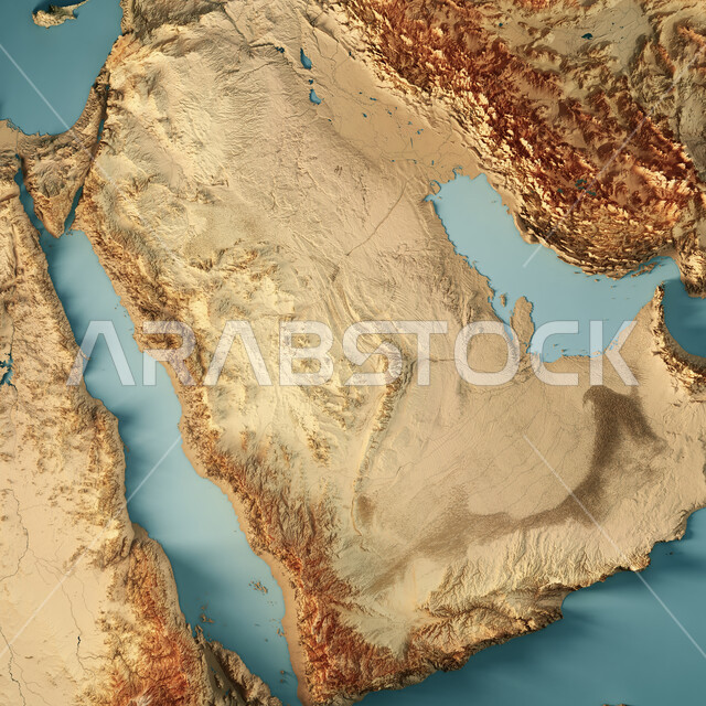 الحدود الجغرافية للبلاد، رسوم توضيحية ثلاثية الأبعاد للخريطة المملكة العربية السعودية، المحيطات واليابسة والطبيعة المائية
