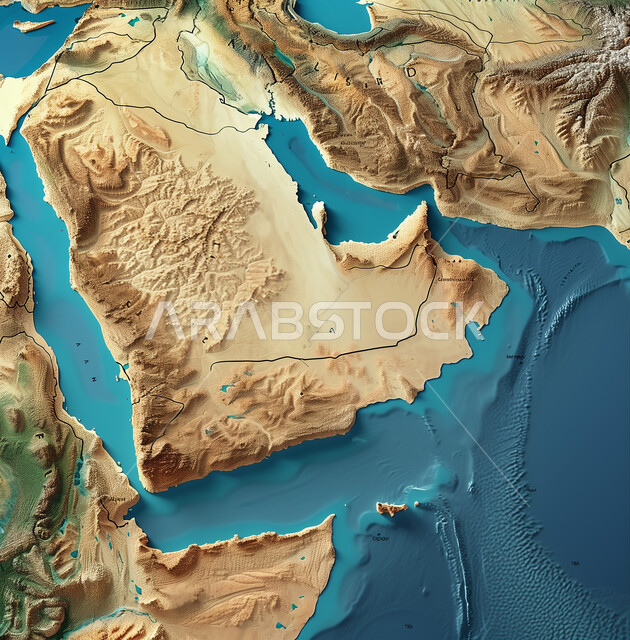 الحدود الجغرافية للبلاد، رسوم توضيحية ثلاثية الأبعاد للخريطة المملكة العربية السعودية، المحيطات واليابسة والطبيعة المائية