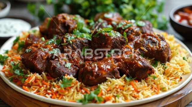 طبق من أرز الكبسة مع اللحم الطري المزين بالبقدونس، فن اعداد وتقديم الأطباق، المأكولات العربية التقليدية الشعبية، وجبات من المطبخ السعودي، وصفات طعام صحية لذيذة، الأطعمة الشرقية الشهية