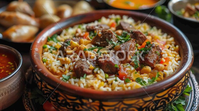 طبق من أرز الكبسة مع اللحم الطري المزين بالبقدونس والمكسرات، فن اعداد وتقديم الأطباق، المأكولات العربية التقليدية الشعبية، وجبات من المطبخ السعودي، وصفات طعام صحية لذيذة، الأطعمة الشرقية الشهية