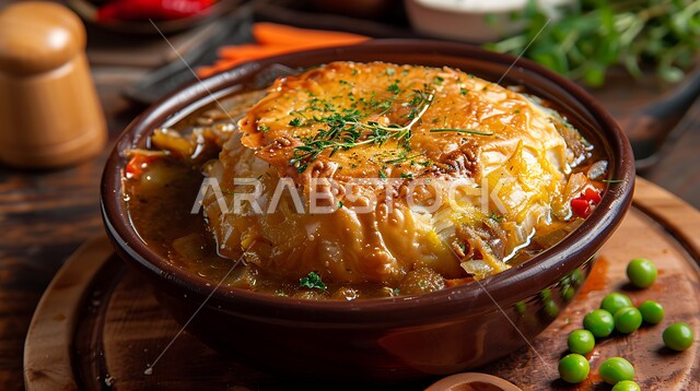 طبق مليء باللحم والخضار الطازجة ، المرقوق السعودي مع طبقات من العجين المنقوع في المرق ، أطعمة وأطباق قديمة شهيرة سعودية ، أكلات شعبية عربية خليجية، فنون الطهي وتقديم الطعام اللذيذ