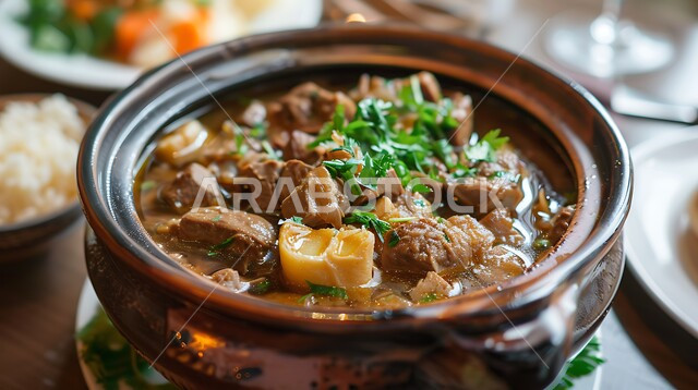 المرقوق السعودي مع طبقات من العجين المنقوع في المرق ، طبق مليء باللحم والخضار الطازجة ، أطعمة وأطباق قديمة شهيرة سعودية ، أكلات شعبية عربية خليجية، فنون الطهي وتقديم الطعام اللذيذ