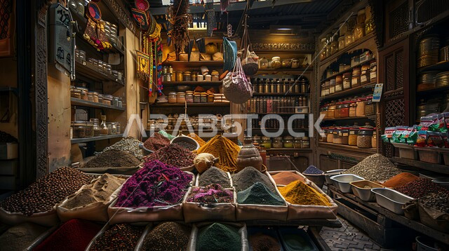 منظر لعرض التوابل الملونة والمتنوعة ، الاسواق التقليدية الشعبية لبيع البهارات والعطريات، منكهات وملونات طبيعية للمأكولات والأطعمة, نباتات ذات فوائد صحية وعلاجية، منتجات ومحاصيل زراعية وطنية محلية سعودية