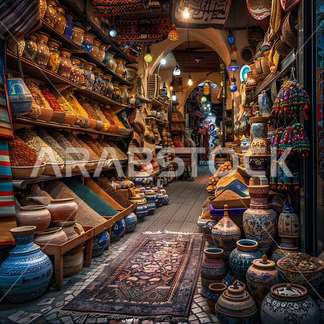 عرض القماش بالألوان والنقوشات المختلفة، منتجات ومحاصيل زراعية وطنية محلية سعودية، منكهات وملونات طبيعية للمأكولات والأطعمة, الاسواق التقليدية الشعبية لبيع البهارات والأقمشة والسيراميك، نباتات ذات فوائد صحية وعلاجية، الأواني الفخار المصنوعة من الطين