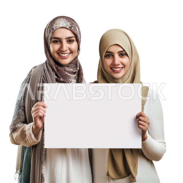  العروض والإعلانات التسويقية, بورتريه لامرأتين عربيتين خليجيتين سعوديتين مبتسمتين محجبتين تمسكان بيديهما موك اب مربع أبيض, لوحة بيضاء مربعه فارغة، لوحات توضيحية ووسائل تعليمية, النظر إلى الكاميرا بتعابير وايماءات الفرح والسرور، خلفية بيضاء