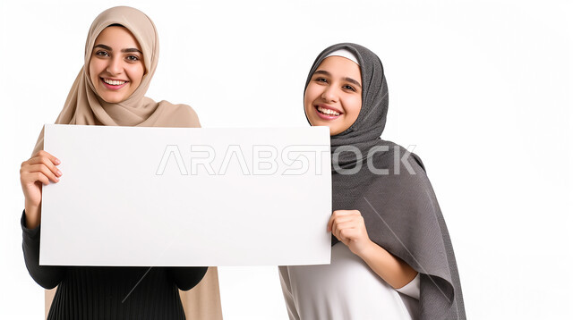  العروض والإعلانات التسويقية, بورتريه لامرأتين عربيتين خليجيتين سعوديتين مبتسمتين محجبتين تمسكان بيديهما موك اب مربع أبيض, لوحة بيضاء مربعه فارغة، لوحات توضيحية ووسائل تعليمية, النظر إلى الكاميرا بتعابير وايماءات الفرح والسرور، خلفية بيضاء
