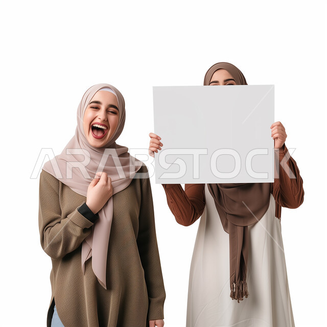 لوحة بيضاء مربعه فارغة، العروض والإعلانات التسويقية, بورتريه لامرأة عربية خليجية سعودية مبتسمة ترتدي الحجاب تمسك بيديها موك اب مربع أبيض, لوحات توضيحية ووسائل تعليمية, شابة تنظر إلى الكاميرا بتعابير وايماءات الضحك والسرور، خلفية بيضاء