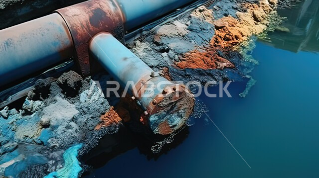 أضرار الطبيعة والبحار ، مفهوم التلوث البيئي ، صورة مقربة لخط أنابيب المياه الصناعية المهجورة في ماء البحر ، تحويل الصرف الصحي على الأماكن الطبيعية