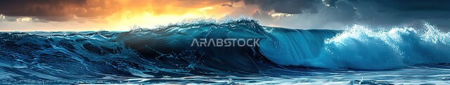 ممارسة هواية ركوب الموج، أماكن سياحية ترفيهيه, صورة بانورامية مقربة لأمواج البحار والمحيطات الزرقاء العالية, مفهوم السياحة في المملكة العربية السعودية, خلفية الطبيعة البحرية