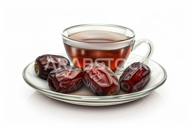 كوب من الشاي بجانبه التمر السكري من نخيل المملكة العربية السعودية، وجبة ذات قيمة غذائية عالية، ضيافة رمضانية صحية، أنواع من التمور اللذيذة، خلفية بيضاء