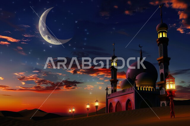 القبب والمآذن المتميزة، ديكورات وتصاميم على الطراز الاسلامي، الفن الهندسي المعماري للمساجد، مسجد عربي فاخر، العبادة والتقرب إلى الله، آداء الفرائض والصلوات، خلفيات دينية رمضانية، منظر الهلال في السماء