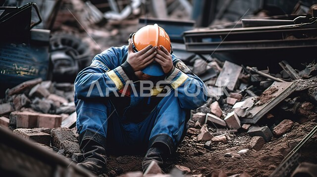 الانهيارات والدمار الناتج عن الزلازل و تصدع الأرض ، عامل عربي خليجي سعودي يرتدي زي العمل وخوذة صلبة لحماية نفسه من أضرار الزلزال، نتائج الكوارث الطبيعية والهزات الأرضية