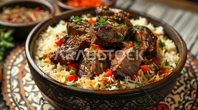 Popular traditional Arab feasts and dishes, a dish of kabsa rice with pieces of meat decorated with pepper and parsley, delicious food recipes, oriental food and meals, kitchens and restaurants in the Kingdom of Saudi Arabia
