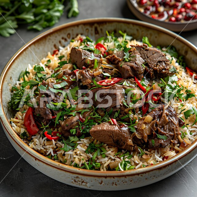 ولائم وأطباق عربية تقليدية شعبية، طبق من أرز الكبسة مع قطع اللحم المزين بالفلفل و البقدونس، وصفات الطعام الشهية، المأكولات والوجبات الشرقية، مطابخ ومطاعم المملكة العربية السعودية