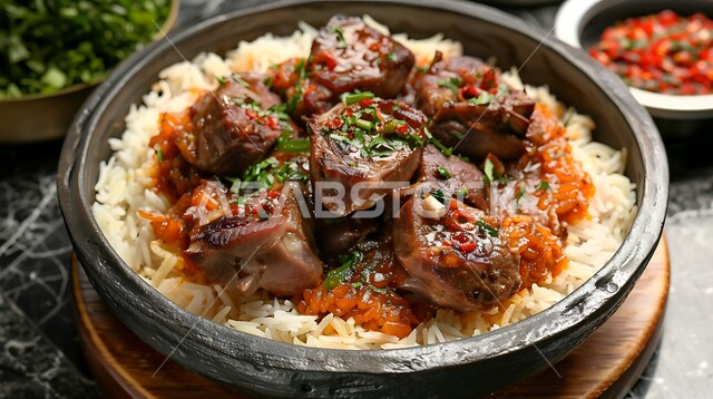 ولائم وأطباق عربية تقليدية شعبية، طبق من أرز الكبسة مع قطع اللحم المزين بالفلفل و البقدونس، وصفات الطعام الشهية، المأكولات والوجبات الشرقية، مطابخ ومطاعم المملكة العربية السعودية