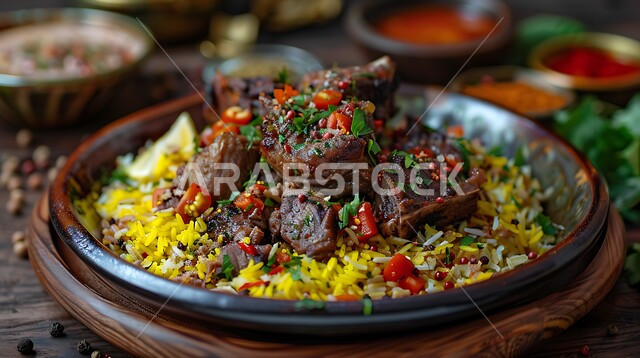 ولائم وأطباق عربية تقليدية شعبية، طبق من أرز الكبسة مع قطع اللحم المزين بالفلفل و البقدونس، وصفات الطعام الشهية، المأكولات والوجبات الشرقية، مطابخ ومطاعم المملكة العربية السعودية