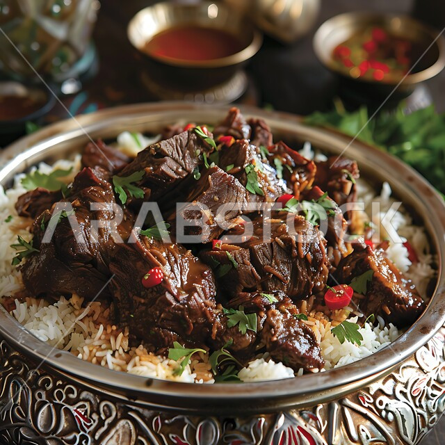 ولائم وأطباق عربية تقليدية شعبية، طبق من أرز الكبسة مع قطع اللحم المزين بالفلفل و البقدونس، وصفات الطعام الشهية، المأكولات والوجبات الشرقية، مطابخ ومطاعم المملكة العربية السعودية