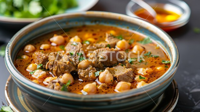 المقبلات الساخنة الشهية، حساء الهريس السعودي مع الحمص واللحم الغني بنكهات التوابل المزين بالبقدونس, طعام صحي ووجبات خفيفه, أكلات وأطباق شعبيه تقليدية، المأكولات والوجبات الشرقية، مطابخ ومطاعم المملكة العربية السعودية