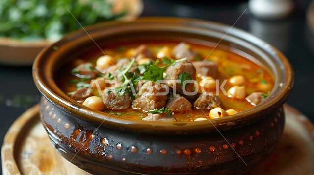 Delicious hot appetizers, Saudi mash soup with chickpeas and meat rich in spice flavors garnished with parsley, healthy food and snacks, traditional popular foods and dishes, oriental food and meals, kitchens and restaurants in the Kingdom of Saudi Arabia