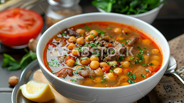 المقبلات الساخنة الشهية، حساء الهريس السعودي مع الحمص واللحم الغني بنكهات التوابل المزين بالبقدونس, طعام صحي ووجبات خفيفه, أكلات وأطباق شعبيه تقليدية، المأكولات والوجبات الشرقية، مطابخ ومطاعم المملكة العربية السعودية