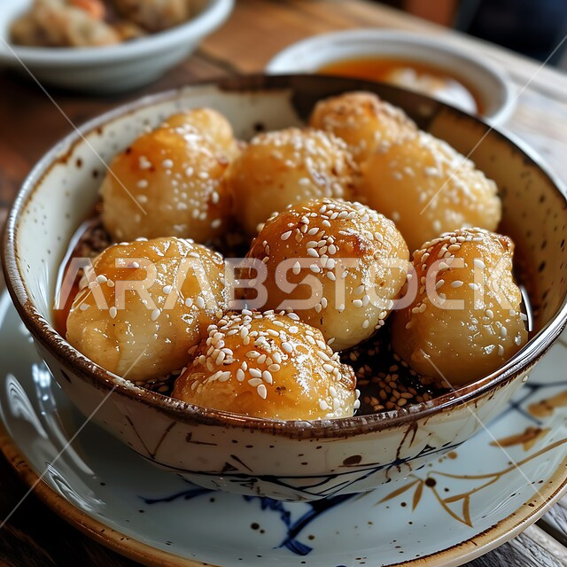 Golden Luqaimat dish, oriental dumplings dipped in syrup, small fried dough balls sprinkled with sesame, delicious and delicious desserts, sweet and sugar recipes and dishes, hosting Arab occasions and holidays