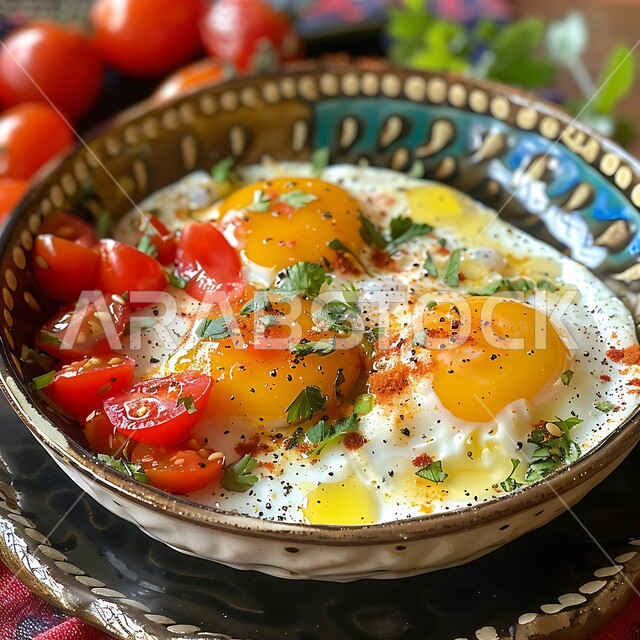 الاومليت اللذيذ المليء بالبروتينات الصحية، وجبات اتباع الحميات الغذائية، طبق البيض المقلي مع الطماطم والفلفل الحار المزين بالبقدونس، أطباق إفطار تقليدية، وجبة فطور صباحية مفيدة وسريعة، مأكولات طازجة مغذية
