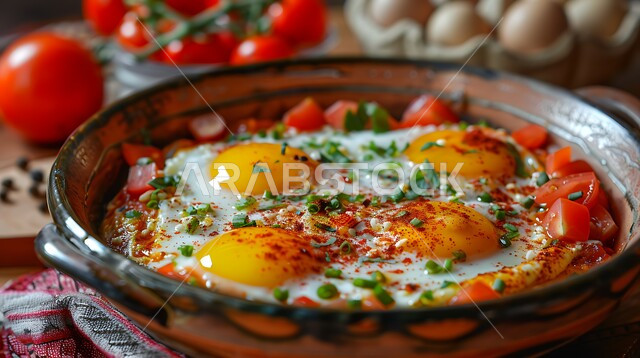  وجبة فطور صباحية مفيدة وسريعة، الاومليت اللذيذ المليء بالبروتينات الصحية، وجبات اتباع الحميات الغذائية، طبق البيض المقلي مع الطماطم والفلفل الحار المزين بالبقدونس، أطباق إفطار تقليدية، مأكولات طازجة مغذية