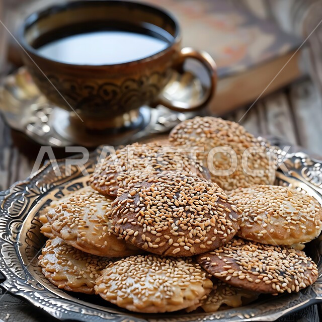 أقراص العقيلي المقرمشة المرشوشة بالسمسم والهيل، وصفات وأطباق حلوى متميزة، حلويات تقليدية طازجة، صورة مقربة لطبق من أقراص البسكويت الشعبي الهش مع فنجان من القهوة العربية، كعك العيد الشهي، ضيافة الاعياد والمناسبات
