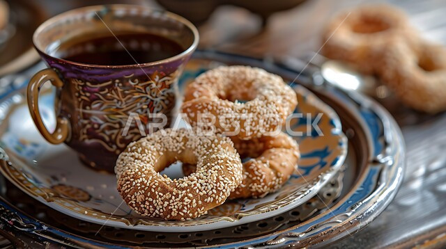 أقراص العقيلي المقرمشة المرشوشة بالسمسم والهيل، وصفات وأطباق حلوى متميزة، حلويات تقليدية طازجة، صورة مقربة لطبق من أقراص البسكويت الشعبي الهش مع فنجان من القهوة العربية، كعك العيد الشهي، ضيافة الاعياد والمناسبات