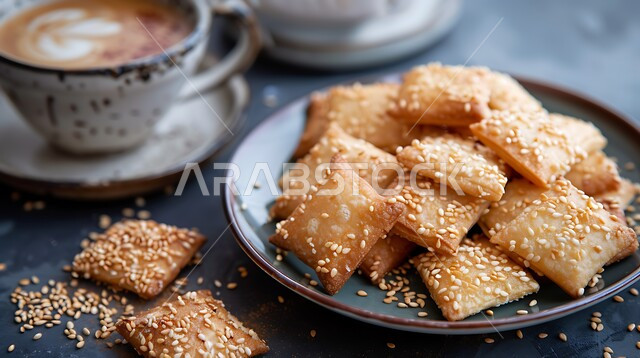 وصفات وأطباق حلوى متميزة، أقراص العقيلي المقرمشة المرشوشة بالسمسم والهيل، حلويات تقليدية طازجة، صورة مقربة لطبق من أقراص البسكويت الشعبي الهش مع فنجان من القهوة العربية، كعك العيد الشهي، ضيافة الاعياد والمناسبات