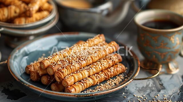 وصفات وأطباق حلوى متميزة، أقراص العقيلي المقرمشة المرشوشة بالسمسم والهيل، حلويات تقليدية طازجة، صورة مقربة لطبق من أقراص البسكويت الشعبي الهش مع فنجان من القهوة العربية، كعك العيد الشهي، ضيافة الاعياد والمناسبات